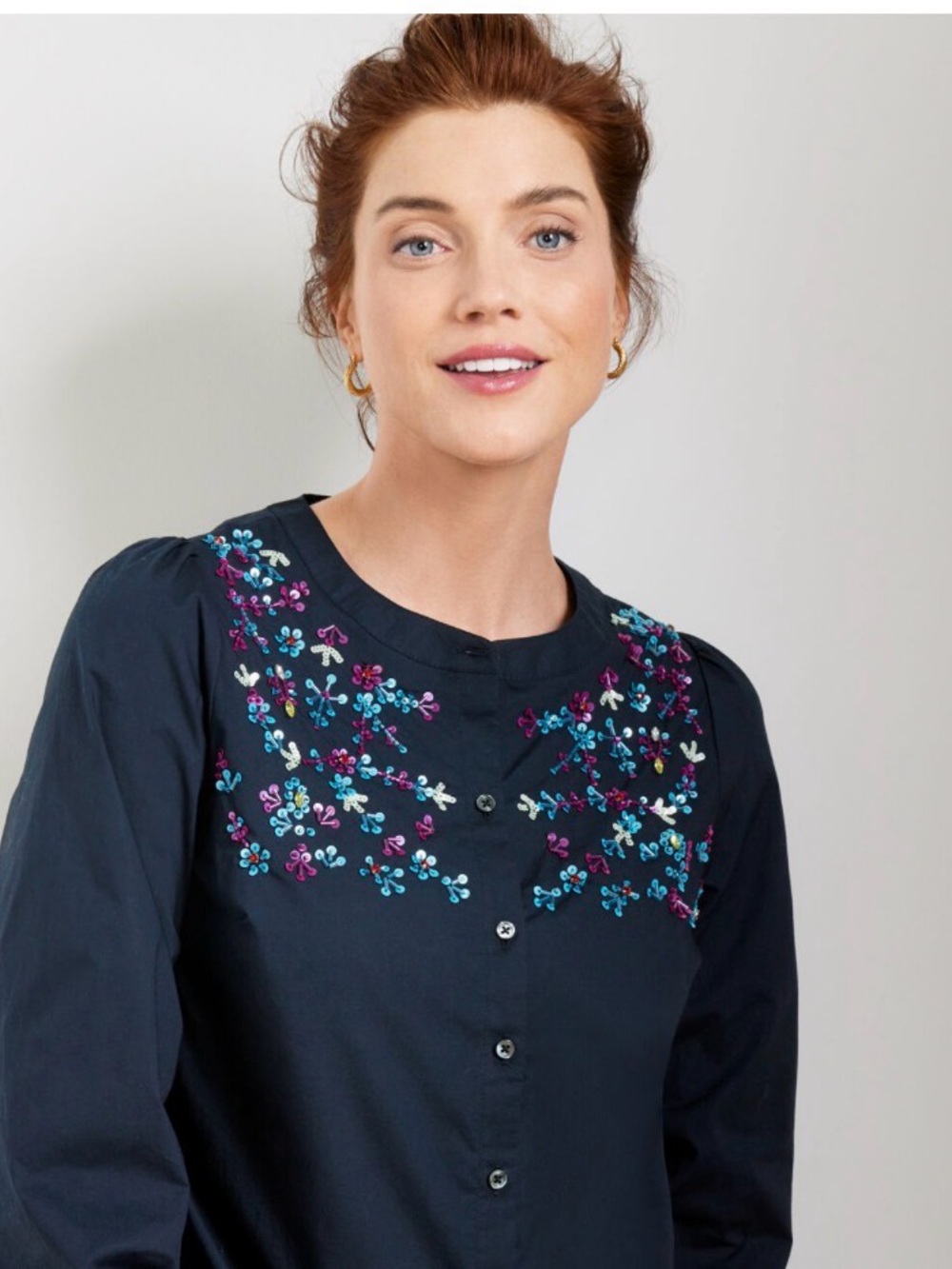 Talbots Navy Petite Poplin Blouse with Embellished Accents XLP